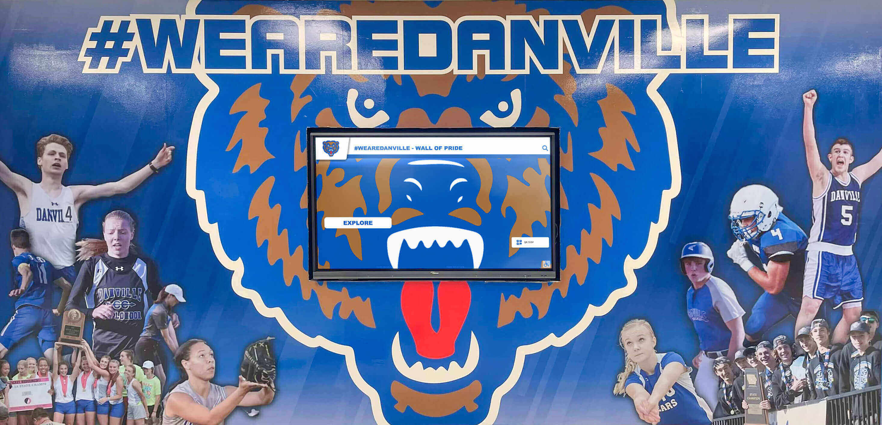 High school athletic mural with digital display