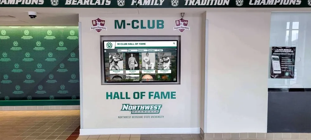M Club hall of fame digital display with branded design Athletic recognition branded display