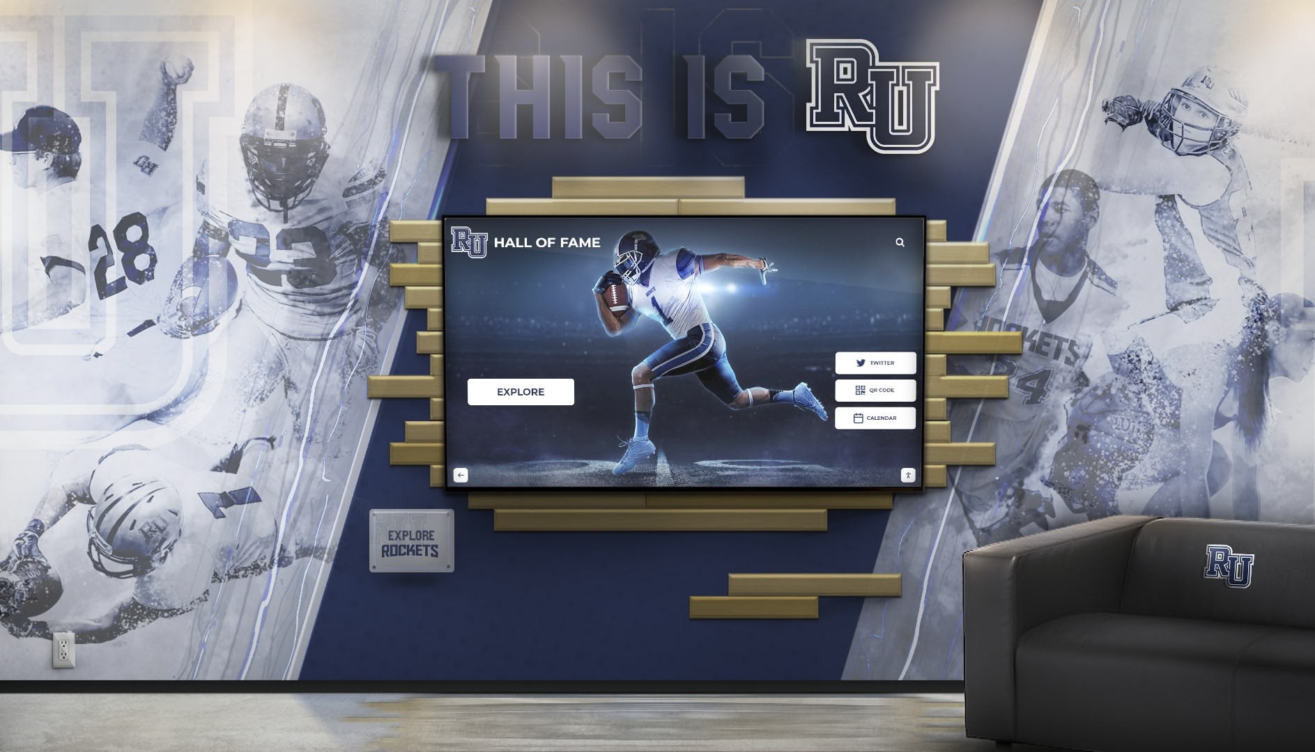 Digital display showcasing athletic achievements in school lobby