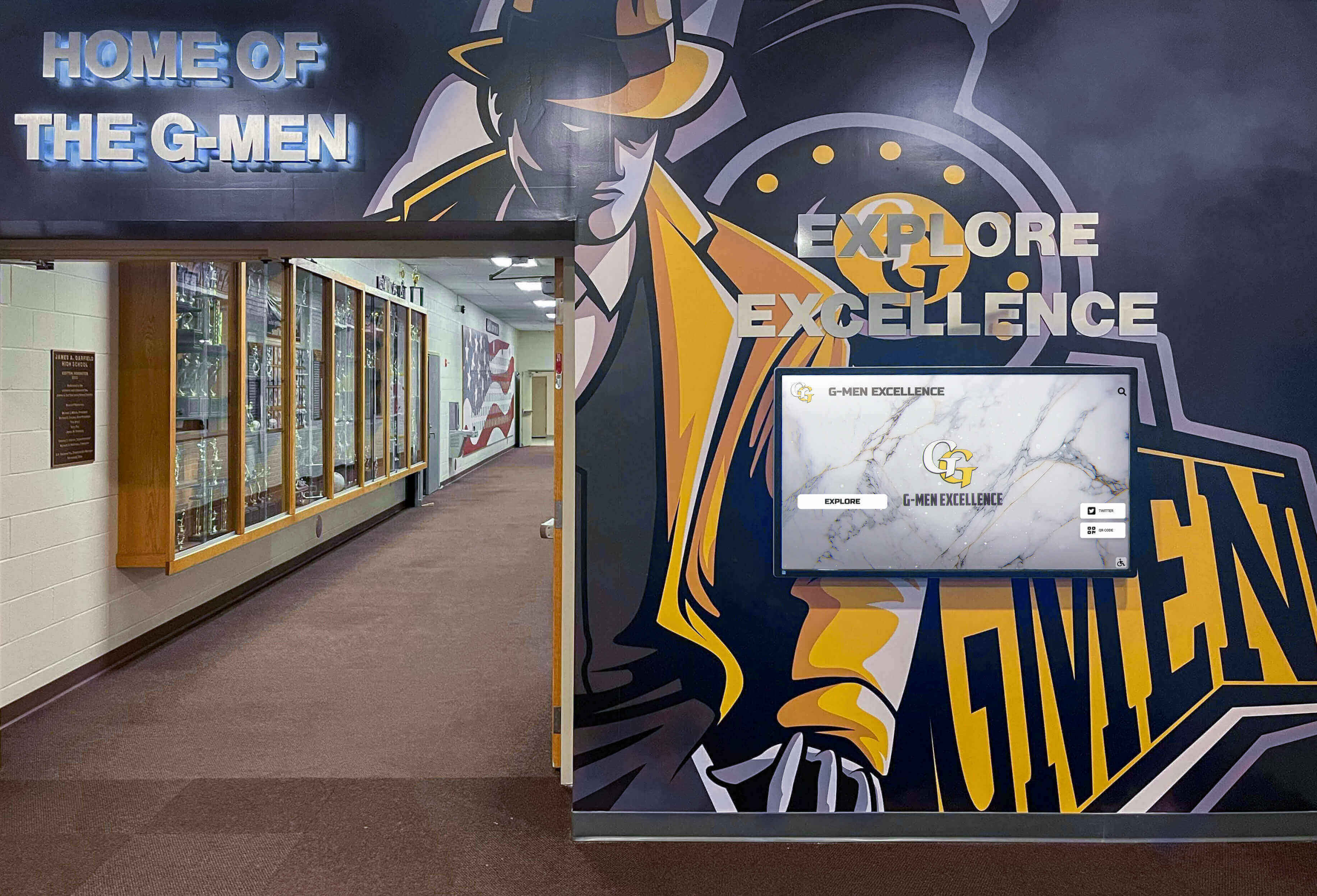 Athletic facility hallway with comprehensive recognition displays